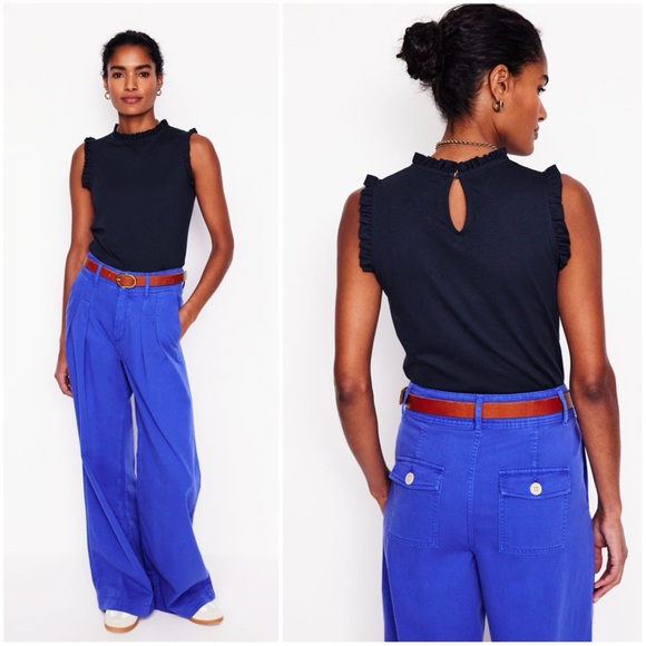 Boden Supersoft Frill Detail Vest Navy Keyhole Button Sleeveless Shell Tank Top - Picture 4 of 9